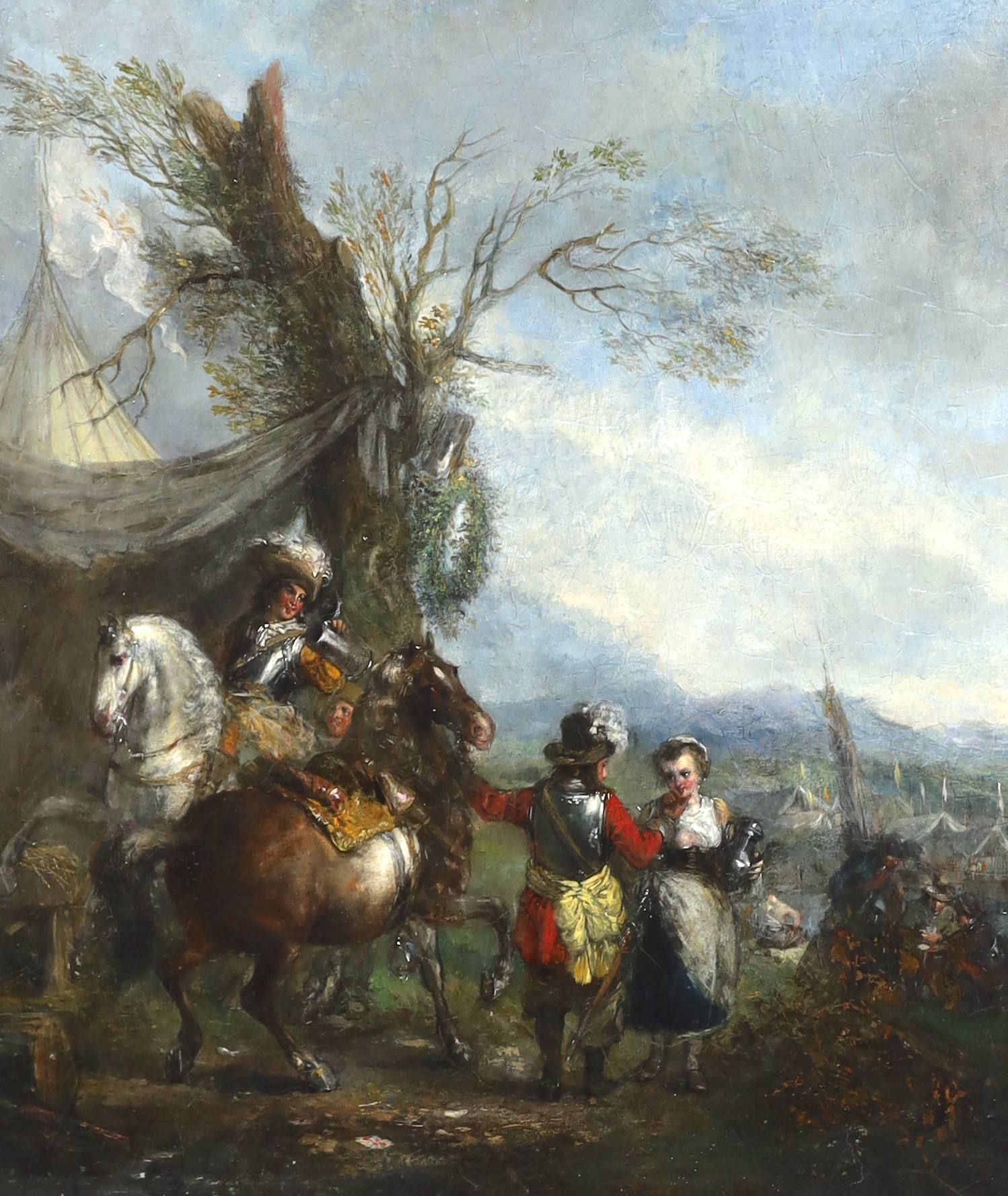 Manner of Philip Wouwerman (Haarlem, 1619-1668), A military encampment with soldiers buying beer from a maid, oil on wooden panel, 30 x 25.5cm